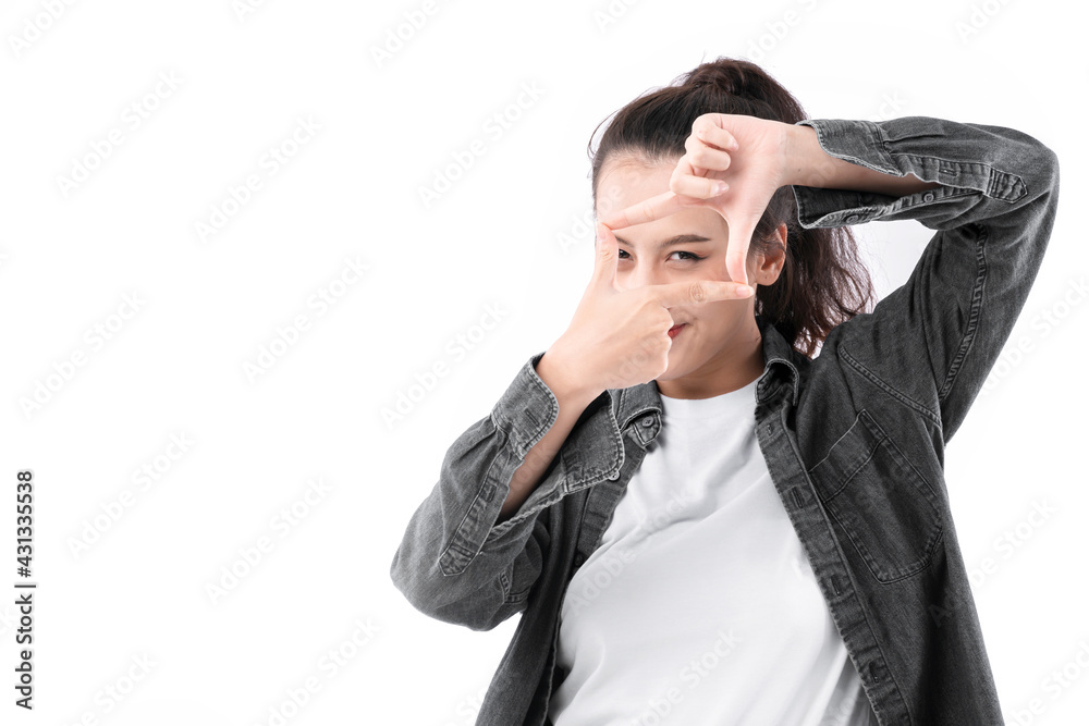 portrait of cheerful smile asian female woman wear casual cloth smile laugh gesture hand with happiness and joyful expression white background portrait of cheerful smile asian female woman wear casual cloth smile laugh gesture hand with happiness and joyful expression white background