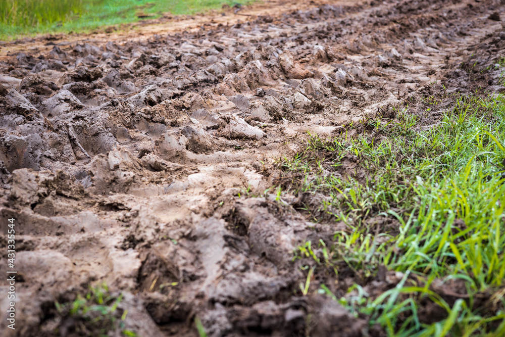 Big wheels traces on the muddy ground. Big wheels traces on the muddy ground.