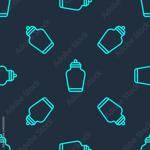 Green line Funeral urn icon isolated seamless pattern on blue background. Cremation and burial containers, columbarium vases, jars and pots with ashes. Vector