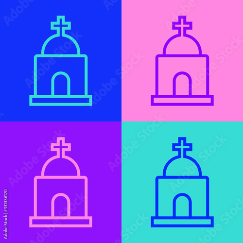 Pop art line Old crypt icon isolated on color background. Cemetery symbol. Ossuary or crypt for burial of deceased. Vector