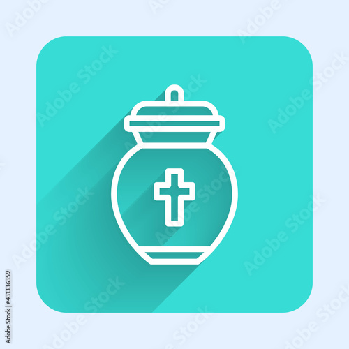 White line Funeral urn icon isolated with long shadow. Cremation and burial containers, columbarium vases, jars and pots with ashes. Green square button. Vector