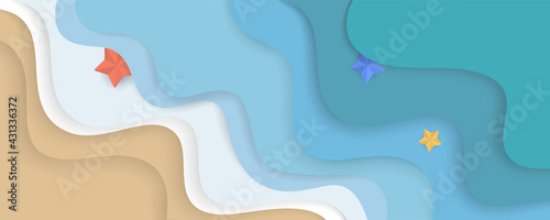 Waves of the sea and sandy beach paper cut style, Blue sea and starfish and beach bright summer abstract background geometric retro style with paper waves sea and seacoast banner area for text