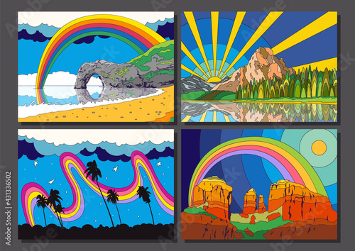 Psychedelic Color Scenery Set, Coast, Ocean, Forest, Mountains, Desert Outdoor Illustrations 