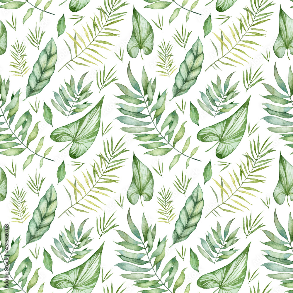 Seamless wallpapers. Pattern with watercolor tropical leaves