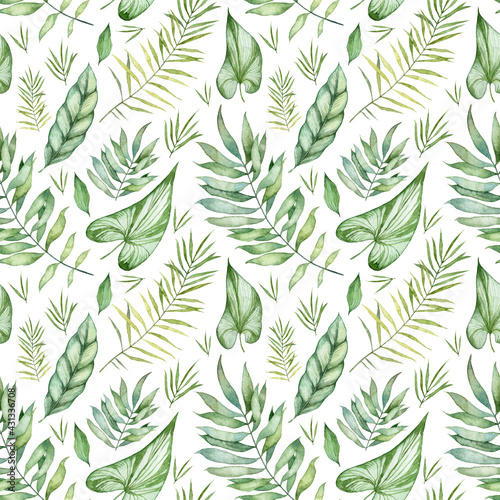 Seamless wallpapers. Pattern with watercolor tropical leaves