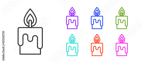 Black line Burning candle icon isolated on white background. Cylindrical candle stick with burning flame. Set icons colorful. Vector