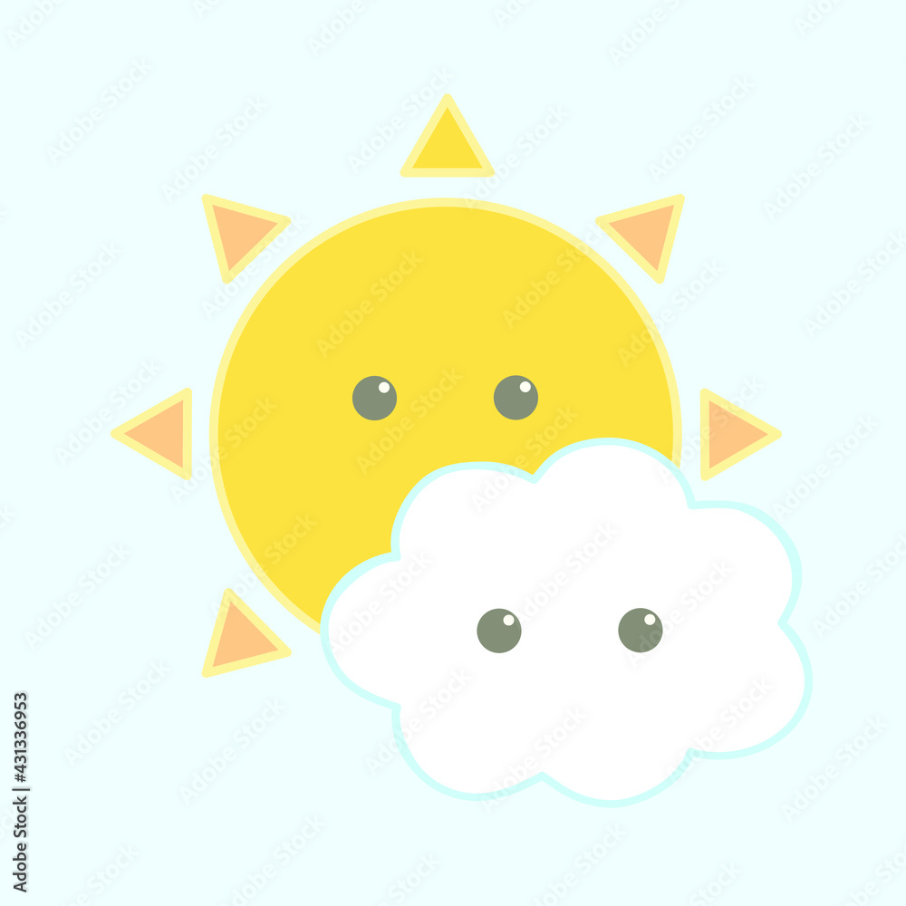 The cute Sun and bright cloud cartoon character vector isolated on light blue background The cute Sun and bright cloud cartoon character vector isolated on light blue background