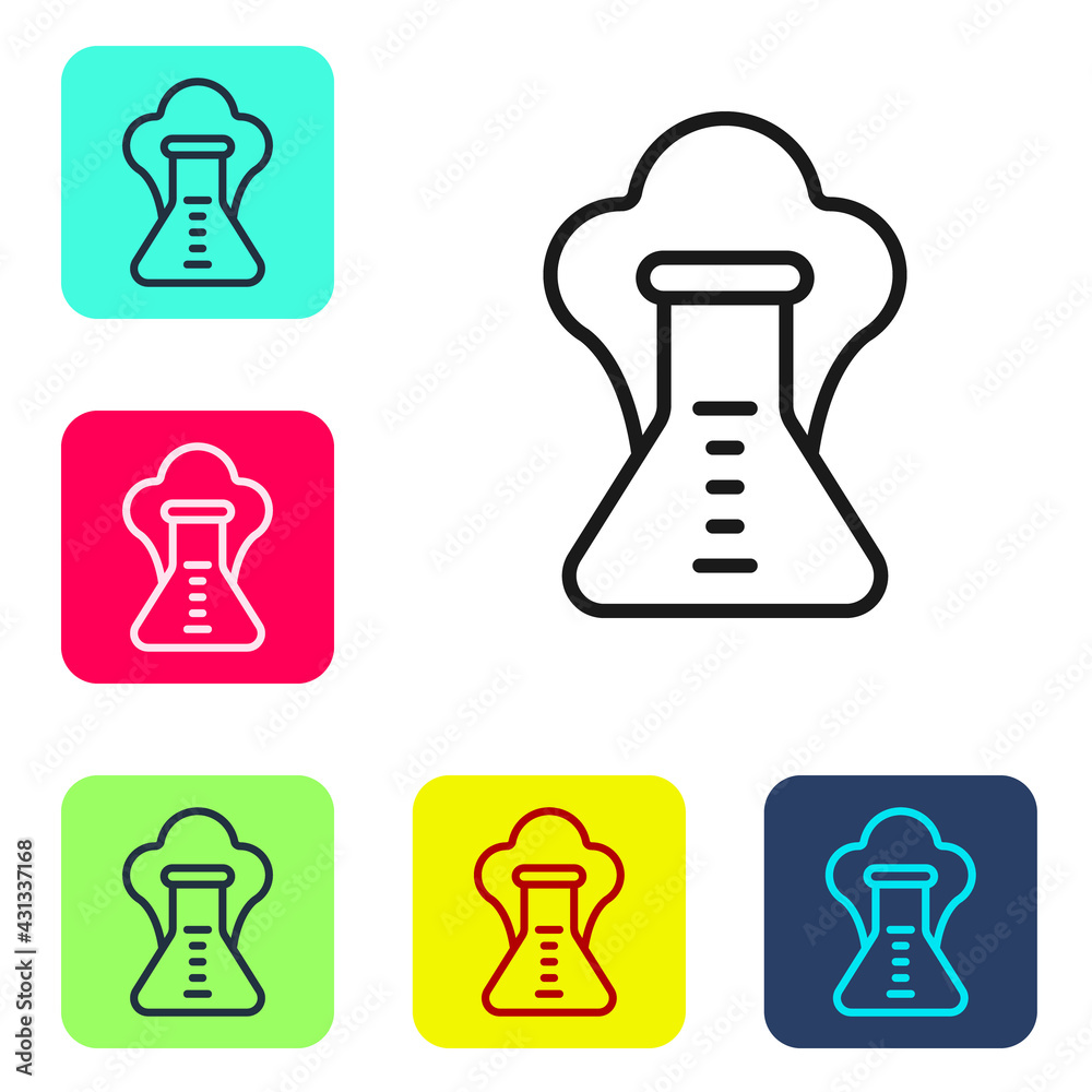 Black line Chemical experiment, explosion in the flask icon isolated on white background. Chemical explosion in a test tube. Set icons in color square buttons. Vector Black line Chemical experiment, explosion in the flask icon isolated on white background. Chemical explosion in a test tube. Set icons in color square buttons. Vector