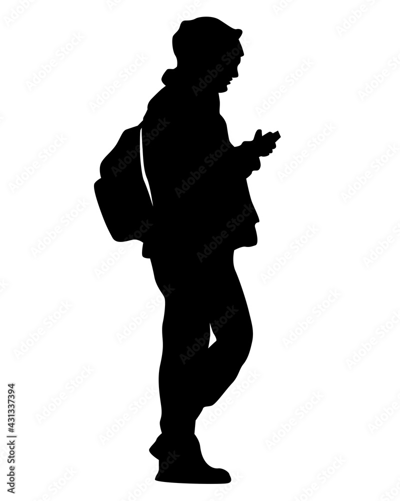 Man with a camera on street. Isolated silhouettes of people on white background