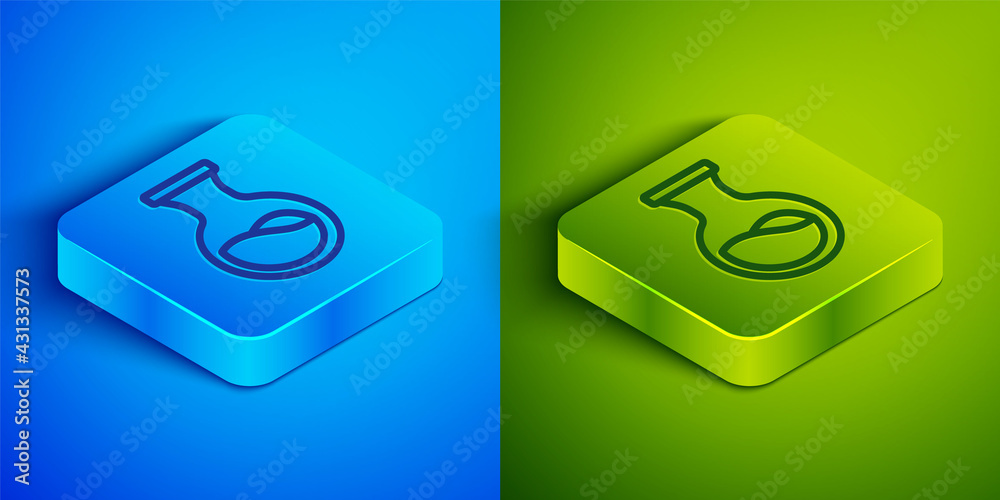 Isometric line Test tube and flask chemical laboratory test icon isolated on blue and green background. Laboratory glassware sign. Square button. Vector Isometric line Test tube and flask chemical laboratory test icon isolated on blue and green background. Laboratory glassware sign. Square button. Vector