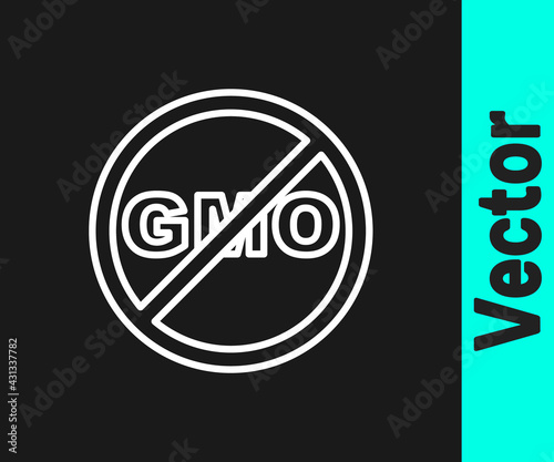 White line No GMO icon isolated on black background. Genetically modified organism acronym. Dna food modification. Vector