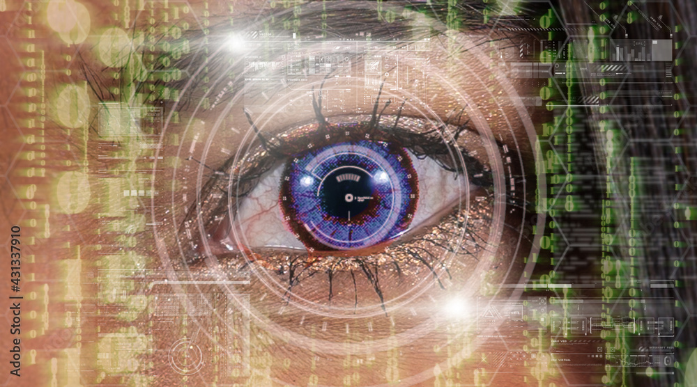 Closeup women eye with futuristic digital technology over the number digic background,  screen over the eye vision background,security and command in the accesses. surveillance and sefety concept