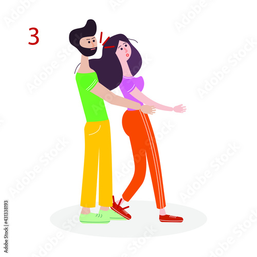 Self-defense. Self-defense technique for a woman. Protection from bullies. Vector educational illustration. Third image of eight.