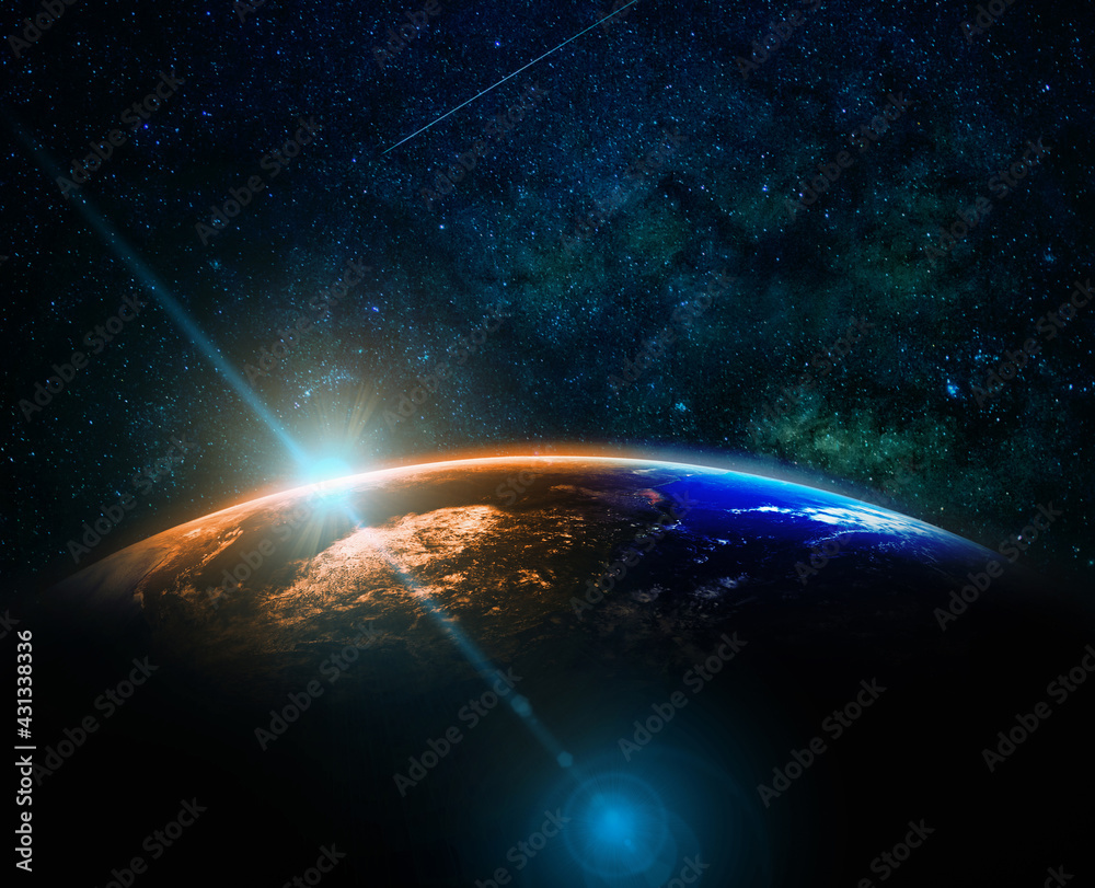 Part of earth with sun rise and lens flare over the Milky Way background, Internet Network concept, Elements of this image furnished by NASA