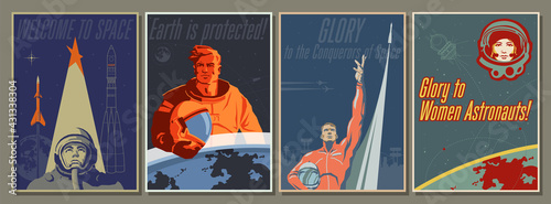 Welcome to Space Illustration Set, Retro Space Propaganda Posters Stylization, Astronauts and Spacecraft 