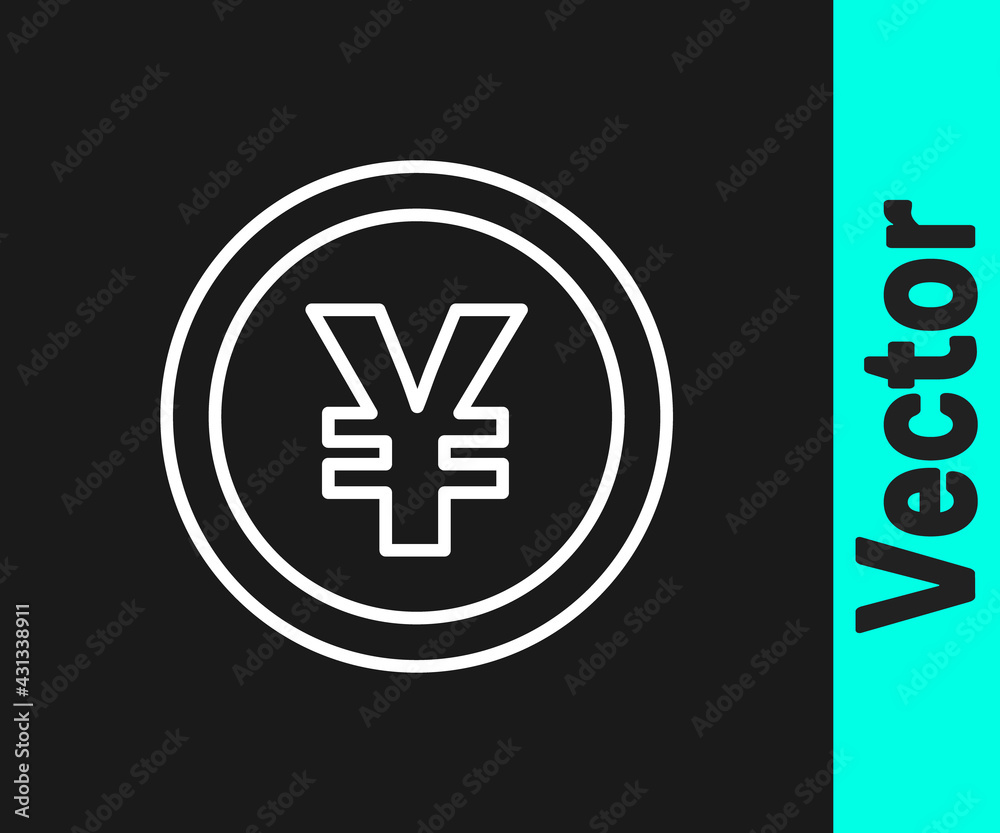 Obraz premium White line Chinese Yuan currency symbol icon isolated on black background. Coin money. Banking currency sign. Cash symbol. Vector