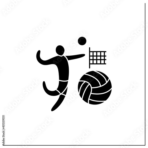 Volleyball glyph icon. Game played by two teams. Ball game. Player use hands to bat ball. Athletic competition concept.Filled flat sign. Isolated silhouette vector illustration