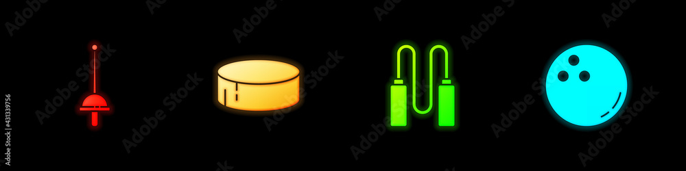 Set Fencing, Hockey puck, Jump rope and Bowling ball icon. Vector Set Fencing, Hockey puck, Jump rope and Bowling ball icon. Vector