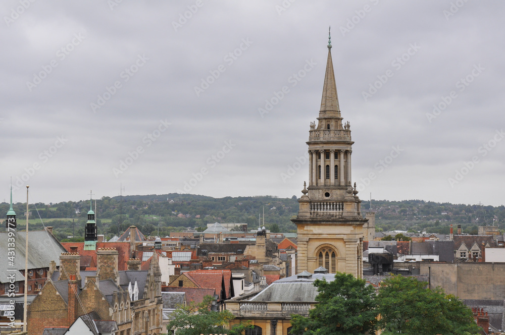 Rooftop view towards All Saints Church on an overcast day, Oxford, United Kingdom.