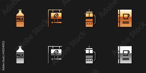 Set Bottle with milk, Street signboard coffee, French press and Coffee book icon. Vector