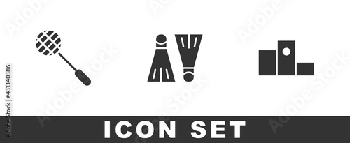 Set Tennis racket, Rubber flippers for swimming and Award over sports winner podium icon. Vector