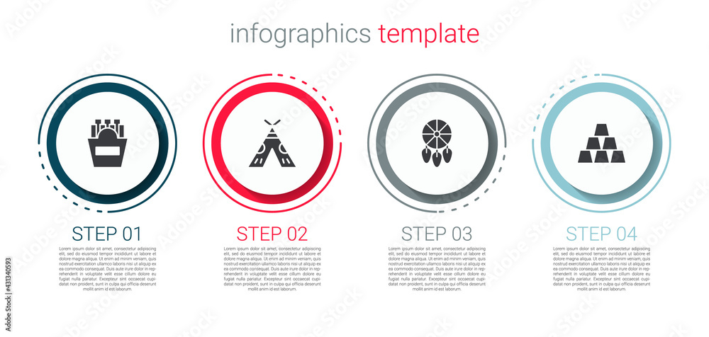 Set Potatoes french fries in box, Indian teepee or wigwam, Dream catcher with feathers and Gold bars. Business infographic template. Vector Set Potatoes french fries in box, Indian teepee or wigwam, Dream catcher with feathers and Gold bars. Business infographic template. Vector