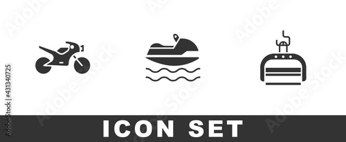 Set Motorcycle, Jet ski and Ski lift icon. Vector