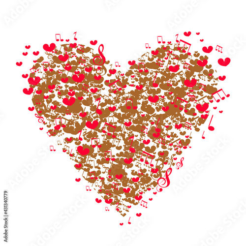 Heart of notes and hearts Happy Valentines Day music from heart sketch cartoon vector illustration