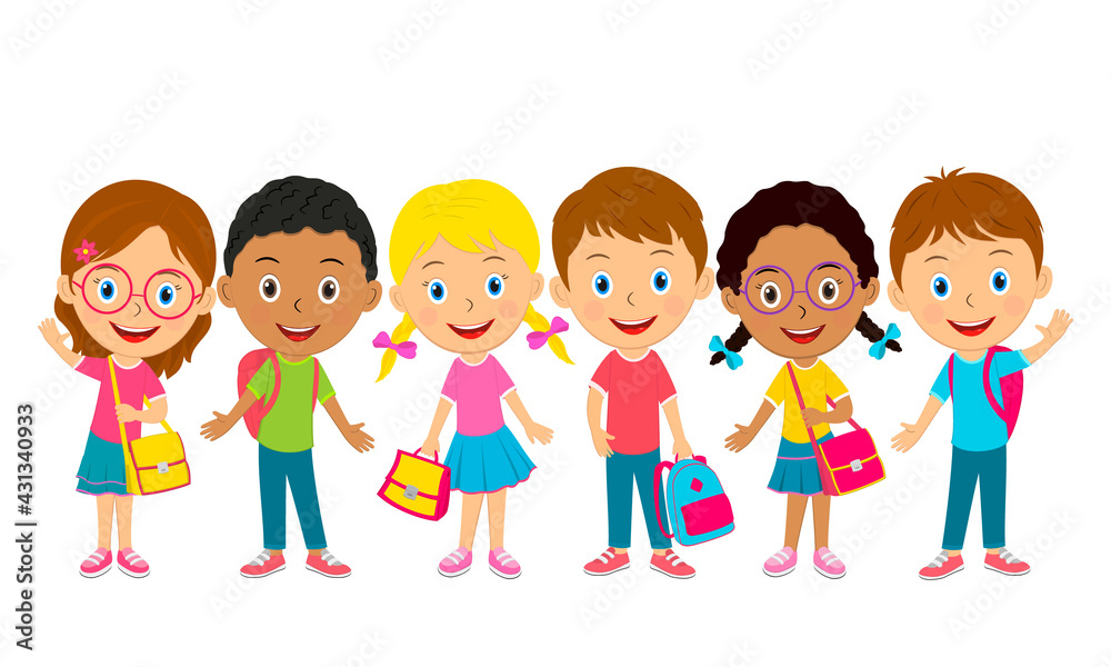 cute cartoon kids stand with bags
