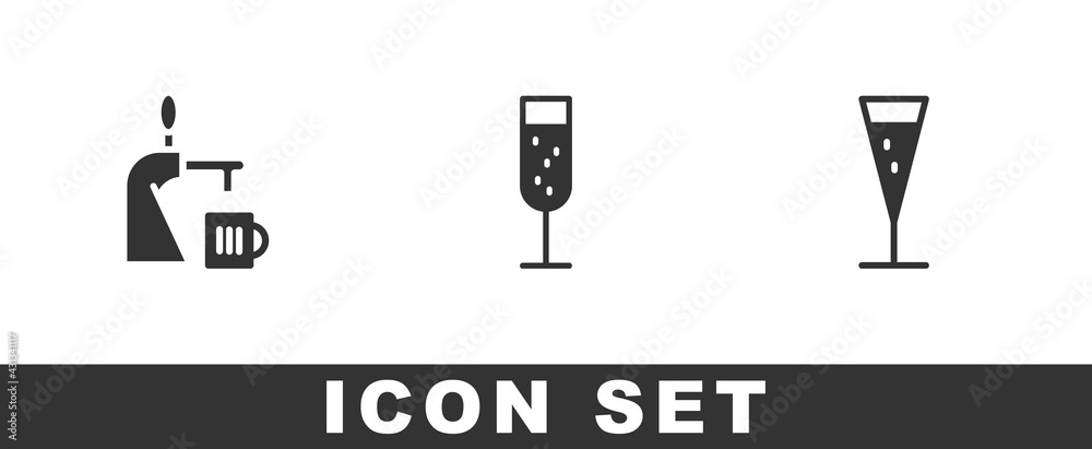 Set Beer tap with glass, Glass of champagne and icon. Vector Set Beer tap with glass, Glass of champagne and icon. Vector