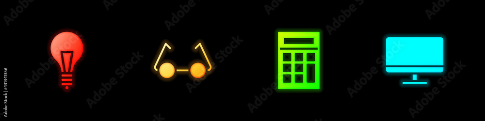Set Light bulb with concept of idea, Glasses, Calculator and Computer monitor screen icon. Vector Set Light bulb with concept of idea, Glasses, Calculator and Computer monitor screen icon. Vector