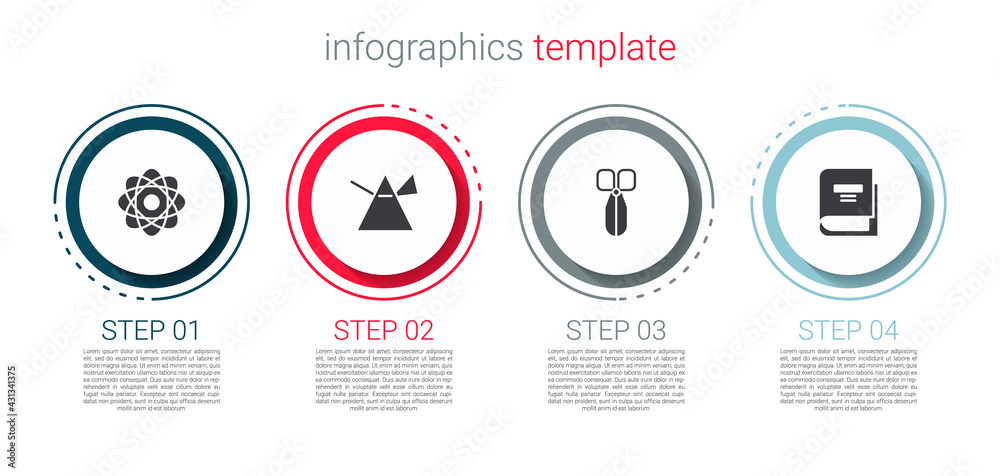 Set Atom, Light rays in prism, Scissors and Book. Business infographic template. Vector