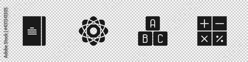 Set Spiral notebook, Atom, ABC blocks and Calculator icon. Vector