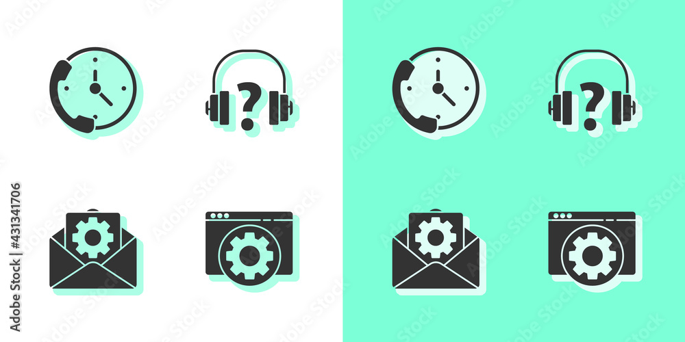 Set Browser setting, Telephone 24 hours support, Envelope and Headphones icon. Vector Set Browser setting, Telephone 24 hours support, Envelope and Headphones icon. Vector