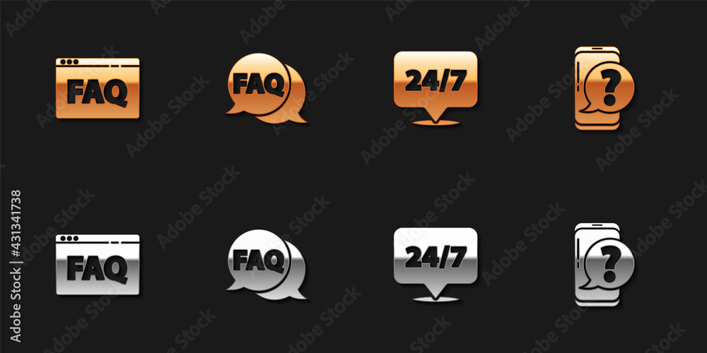 Set Browser FAQ, Speech bubble with, Clock 24 hours and Mobile phone question icon. Vector Set Browser FAQ, Speech bubble with, Clock 24 hours and Mobile phone question icon. Vector