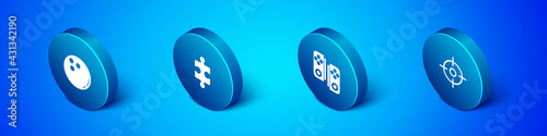 Set Isometric Bowling ball, Gamepad, Target sport and Piece of puzzle icon. Vector