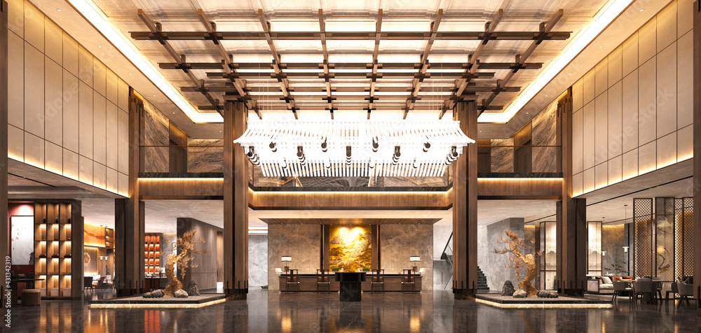 3d render of luxury hotel lobby reception - obrazy, fototapety, plakaty 