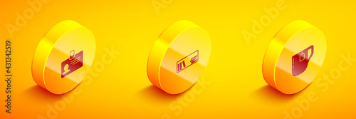 Set Isometric Identification badge, Shelf with books and Cup of tea tea bag icon. Vector