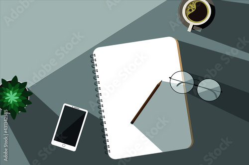 Coffee notebook, phone on the desk
