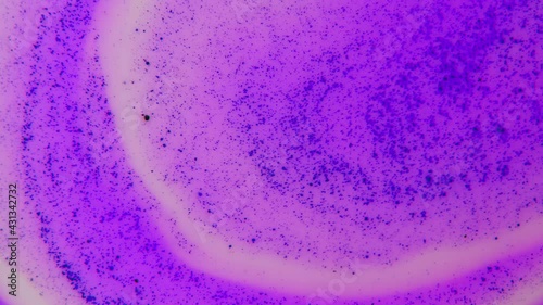 Abstract, colorful background with moving particles. Liquid with cells and bubbles flowing. Chemistry, biology wallpaper.