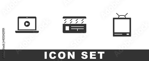 Set Online play video, Movie clapper and Retro tv icon. Vector