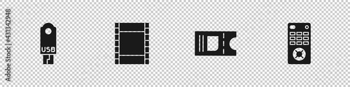 Set USB flash drive, Play Video, Cinema ticket and Remote control icon. Vector