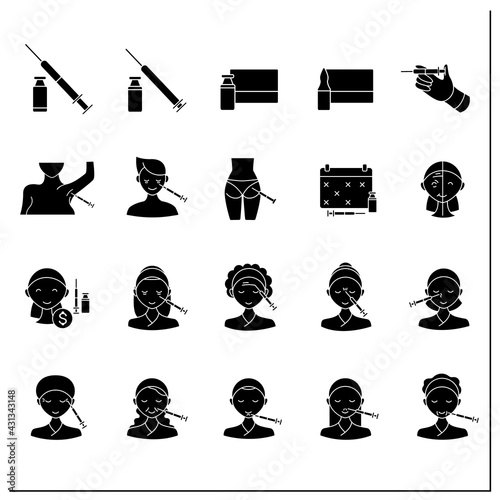 Cosmetic injection glyph icons set.Beauty correction. Rejuvenation. Vaccination. Cosmetic procedure concept. Filled flat signs. Isolated silhouette vector illustrations