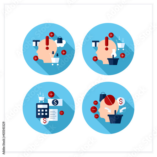 Mindful spendings flat icons set. Bugeting, conscious consumption. Buying fewer concepts. Vector collection