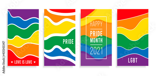 Pride month 2022 logo card with minority flag.Banner Love is love.Rainbow Pride background,LGBT,sexual minorities,gays and lesbians.Designer sign,logo,icon:colorful rainbow in background.Vector © IrkoValenko