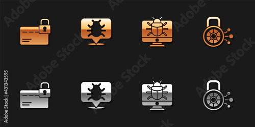 Set Credit card with lock, System bug, on monitor and Cyber security icon. Vector