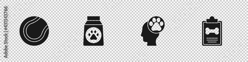Set Tennis ball, Bag of food, Human with animals footprint and Clinical record pet icon. Vector