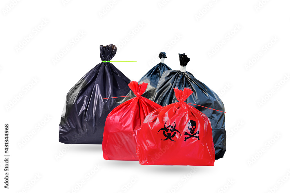 Black, red garbage bags, infectious waste and general waste isolated on white background. Black, red garbage bags, infectious waste and general waste isolated on white background.