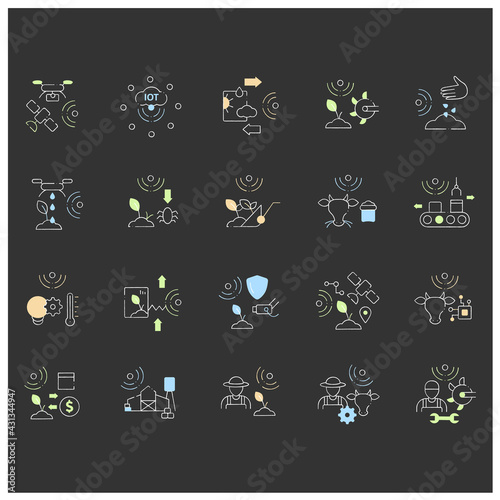 Smart farm chalk icons set. Consist of machinery technician, RFID identification, animal breeder, GPS geofencing.Agricultural innovation concepts.Isolated vector illustrations