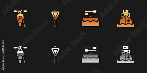 Set Scooter, Road traffic signpost, Boat with oars and Cargo ship icon. Vector